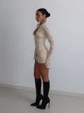 Ahagaga Sexy Lace Women's Mini Dresses Solid Sheer Hollow Out Turtleneck Long Flare Sleeves Sheath Bodycon Streetwear Vestidos