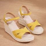 Yellow Soft Espadrille Wedge Heel Sandals Women Adjustable Ankle Strap Pink Jute Platform Summer Shoes Big Size 43