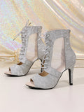 Silver Glitter Mesh Lace Up Summer Ankle Boots Women Peep Toe Zipper 10cm Stiletto High Heel Club Prom Dance Party Shoes Size 43