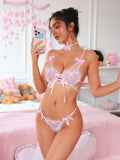 Sexy Women Transparent Low Waist Lace Transparent Thong Lace Trimmed Mesh Splicing Bowknot Strap Bikini For Woman Elegant ZS5J