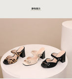 Fashion Leopard Print Square Heel Slippers Summer New Square Toe Metal Buckle Non-slip Wear-resistant Kitten Heel Shoes