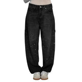 Women's Straight Leg Denim Pants High Waisted Baggy Wide Leg Bling Jeans Casual Sparkly Harem Jeans for Streetwear