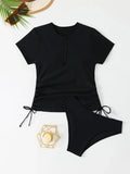 Short Sleeves Two Pieces Swimsuit Women Tankini 2026 Black Zipper Swimwear Female Beach Wear Bathers Bathing Swimming Swim Suit