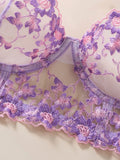 Sheer Floral Embroidery Lingerie Set Satin Trim Push Up Bra+Thong For Women Romantic Date Night/Anniversary Underwear ZA825246