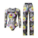 S - XXL New Printed Long Sleeve With Pants Women Swimwear One Piece Swimsuit Female Floral Padded Bather Bathing Suit Swim V7176