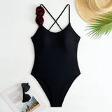sexy 3D flower back tie swimsuit one piece bikini thong swimwear bodysuits women biquini bathing suits solid black color