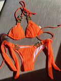 Halter Metal Rings Bikinis Wrinkled Bikini Female Swimsuit Women Swimwear Two-pieces Bikini Set High Cut Bathing Suit Swim Lady