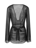 Women's Summer Solid Color Sheer Beach Mini Dress Long Sleeve Deep V Neck Swim Cover Up Swimwear for Pool Vacation