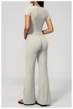 Creamy 2 Pieces Workout Suit Women Yoga Outfits Short Sleeve O Neck Slim Sports T Shirts High Waist Flare Pants Gym Fitness Sets