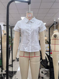 Women's Summer Slim Fit Shirt Solid Color Short Sleeve Lapel Button Down Pleated Tops Streetwear