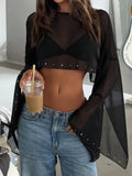 Women's Mesh Sheer Cover-ups Rhinestone Decor Long Sleeve Boat Neck Loose Fit Crop Tops See Through Sexy Beach Blouse