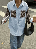 2026 New Women's Loose Casual Leopard Stripe Patchwork Long Sleeve Shirt with Pockets Turn Down Collar Blouse Top