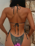 Sexy Shiny Gradient Purple Halter Strappy Bikini Female Swimsuit Women Swimwear Two-pieces Bikini Set Bather Bathing Suit Swim