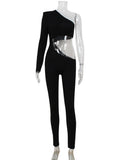 Ahagaga Sexy Club Women's Jumpsuits Single Sleeves Solid Skinny Hollow Out Long Pancil Pants Streetwear Causal Female Rompers