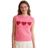 Women 2026 Sleeveless Crew Neck Pullover Fashion Daily Wear Top Cute Heart Print Pink Knitted Vest