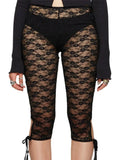 Women Lace Capri Leggings Flower See Through Low Rise Knee Length Tight Shorts with 3D Bows