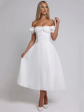 Bowknot Ruffles Light Blue Midi Dress Women's Summer Off Shoulder Short Sleeve Beach Dress Drawstring White A-line Vestidos 2025