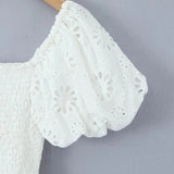 Puff Sleeve Cotton White Lace Dress Women Summer 2025 Square Collar Vintage Beach Short Dress Petite Flower Embriodery  Dress