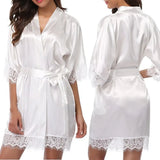 Women  Elegant Lightweight Black Satin Robe with Delicate Lace Trim Perfect for Lounging Sleepwear or Bridesmaids