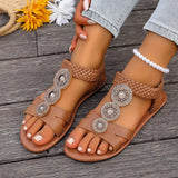 Summer Gold Crystals Flat Sandals for Women Plus Size 43 Slip On Gladiator Sandals Woman Weave Strap Soft Sole Bohemia Sandles