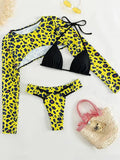 Leopard Printed Long Sleeve Beach Cover-up Bikini Women Swimwear Female Swimsuit Three-pieces Bikini Set Micro Bathing Suit Swim