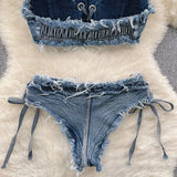 Bathing Suit Women Sexy Denim Suits Bikini Set Lace Up Drawstring Beachwear 2025 Solid Summer Vintage Two-pieces Swimwear