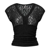 Women Summer Sheer Lace Tops Slim Fit V Neck Cap Sleeve Ruched Slim Crop Shirts Going Out Office Party Sexy T-shirt