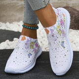 2025 Fashion Crystal Platform Sneakers Women Plus Size Slip On Flowers Printed Flats Woman Breathable Soft Sole Wakling Shoes