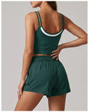 Women's New Summer Yoga Sets Color Blocked Double Strap Workout Tank Top Fitness Suit Drawstring High Waist Short Sport Set