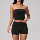 Summer Tight Yoga Suit Women Color Contrast Strapless Slim Sports Tank Top Shorts Fitness Suit Gym Running Workout Tracksuit