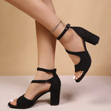 Elegant Ankle Buckle High Heel Sandals Women Black Flock Open Toe Block Heels Rome Sandals Woman Plus Size Bag Heel Party Shoes