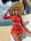 DEKA Women Solid Bikini Set Halter Bra Lace-up Swimsuit Set With Mesh Yarn Cover Up Dress Knitted  Long Sleeve Boho Swimwear