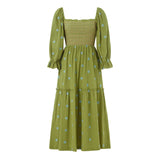 Women Spring Fall Long Dress Long Sleeve Dress Square Neck Embroidery Flower Loose Swing Dress Wit Pocket
