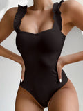 Sexy White Frill Trim Ruffled Ribbed Female Swimwear One Piece Swimsuit Women Monokini High Cut Bather Bathing Suit Swim Lady