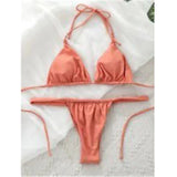 PU Pleated Ruched Bikinis Mini Micro Thong Bikini Women Swimwear Female Swimsuit Two-pieces Bikini Set Halter Bathing Suit Swim