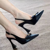 French Bow Knot High Heel Sandals for Women Sexy Back Strap Pointed Toe Sandalias Woman 2025 Office Patent Leather Sandals Mujer