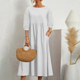Womens Casual Summer Cotton Dress With Pockets 3/4 Sleeve Loose Midi Shirt Dress Women Dresses With Short Sleeves Vestidos