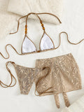 with Fishnet Sarong Skirt Halter Beads Bikini Women Swimwear Female Swimsuit Three-pieces Bikini Set Bathing Suit Swim Beachwear