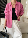 Women White Linen Blend Button Down Shirt Turn Down Collar Chest Pocket Loose Fit Blouse For Summer And Vacation Outfit KY7U