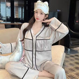 Spring and summer ice silk pajamas for women, sweet pajamas set, long sleeves and trousers, comfortable home clothes