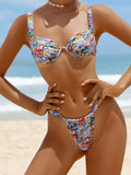 Printed Mini Thong V-bar Underwired Bikini Female Swimsuit Women Swimwear Two-pieces Bikini Set High Cut Bathing Suit Swim Lady