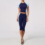 Color Blocking 2PCS Yoga Set Women's Tracksuit Short Sleeve O Neck Sports T Shirts High Waist Cropped Pants Tight Fitness Suits
