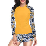 Women Two Pieces Vintage Print Rash Guard Swimwear Long Sleeve Shirt Shorts Surf Top Retro Print Running Shirt Split Swimsuit