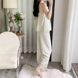 Gold velvet three-piece pajamas set, autumn and winter lace nightgown, sexy home wear with chest pad