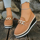 Fashion Metal Chain Wedge Heeled Loafers Women 2026 Slip On Platform Pu Leather Shoes Woman Non Slip Thick Sole Single Shoes