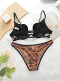 Women's Sexy Leopard Pattern Mesh Hollow Underwear Set Steel Ring Gathering Push Up Bra Women's Daily Underwear Set J2750