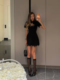 Ahagaga Sexy Women's Mini Dresses Patchwork Short Sleeves Lace Hollow Out Slim Fit Trend Baisc Turtleneck Streetwear Female Robe