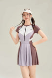 New Sports One-piece Fashionable Swimsuit for Women, Color Blocked High Waist, Belly Covering, Slimming Skirt, Vacation Swimsuit