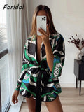 Foridol Oversized Green Print Boho Women Shorts Sets Shirts Shorts Pants Three Pieces Fashion Suits Matching Sets 2025 Summer