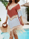 Splicing Tassels Half Sleeve Crochet Knitted Tunic Beach Dress Beach Wear Beachwear Beach Cover Up Cover-upsFemale Women V6631